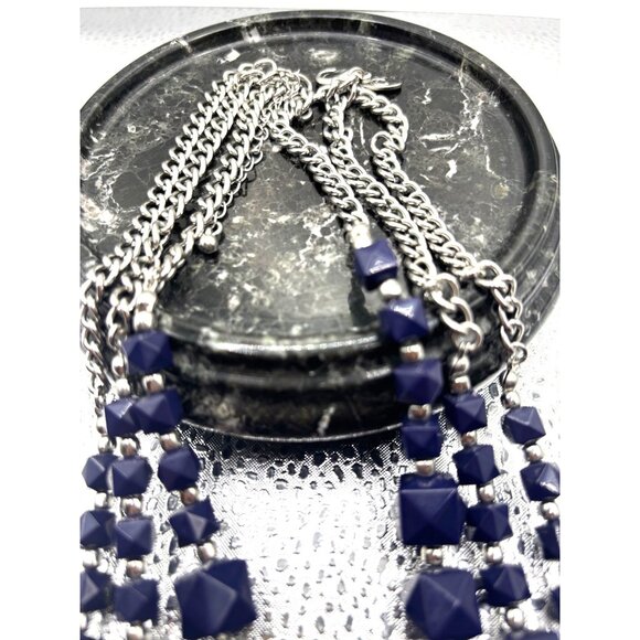 Charming Charly Chunky Geometric Blue Beaded Statement Necklace on Silver Chain - Picture 11 of 11